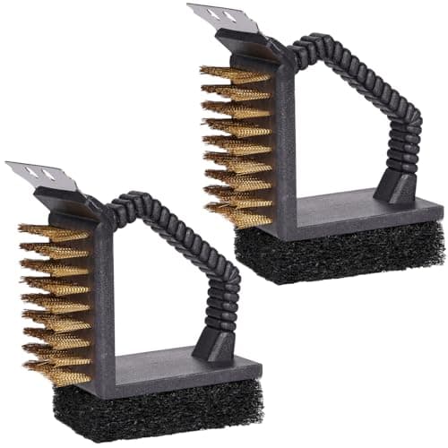 SquEqu 2 Pack Grill Brush and Scraper with Wire Bristles and Bristle-Free Scour 2 Side Brushes Handheld Short Handle Scrubber for Grill Grate Cleaner Cast Iron Charcoal Racks Grid BBQ Cooking Grates Cleaning brush