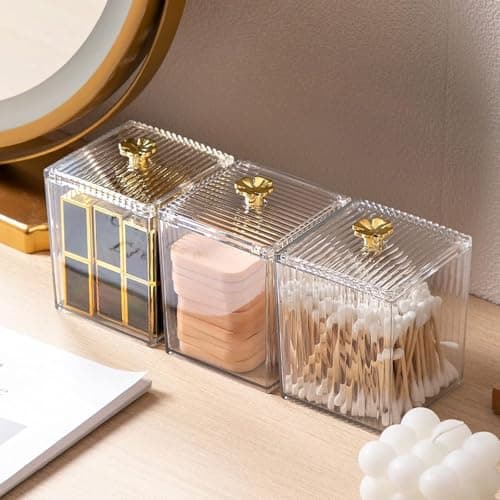 Acrylic Cotton Swab and Makeup Pad Organizer with Transparent Lid, Single Compartment Vanity Storage Case for Cosmetics and Accessories, Bathroom Clear Item container