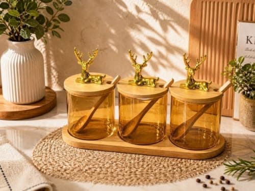 Generic Glass Spice Jar Set with Wooden Lids, Spoons and Stand, Honey-Coloured, Gold Deer Lid Design, 400ml, 3 Piece, .Ais