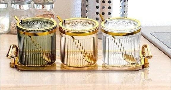 Generic Acrylic Ribbed Spice Set with 3 Crystal Colour Jars, Gold Rim, Clear Spoons and Tray .A2 Food storage container