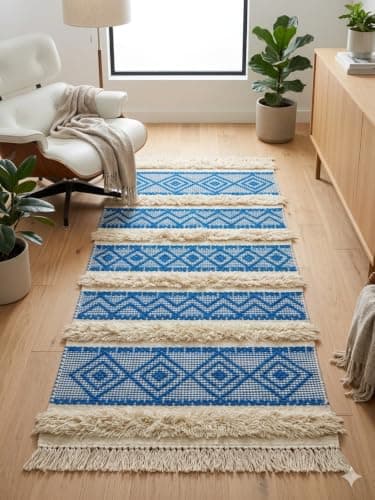 Handmade Kelim Runner Rug 140 x 70 cm | Authentic Artisan Woven Rug | Premium Boho Geometric Hallway Carpet (White x Blue)
