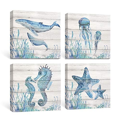 SUMGAR Ocean Wall Art Nautical Bathroom Pictures Beach Blue Canvas Paintings Coastal Prints Seahorse Starfish Jellyfish Seahorse Shark Artwork Bedroom Decorations 30x30cmx4 Panels