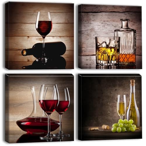Artscope 4 Parts Canvas Print - Red Wine Glass and Red Wine Print on Canvas Wall Decoration for Bedroom Oil Paintings for Home, Bath, Living Room, Bedroom, 30 x 30 cm
