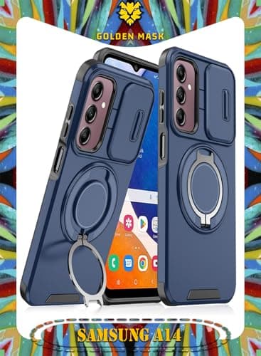 GOLDEN MASK For Samsung Galaxy A14 4G/A14 5G Sliding Camshield Ring Holder Phone Case (Blue) Cellular phone case