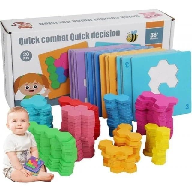 Wooden Hexagon Shape Building Puzzle Game with 100 Pieces & 20 Cards