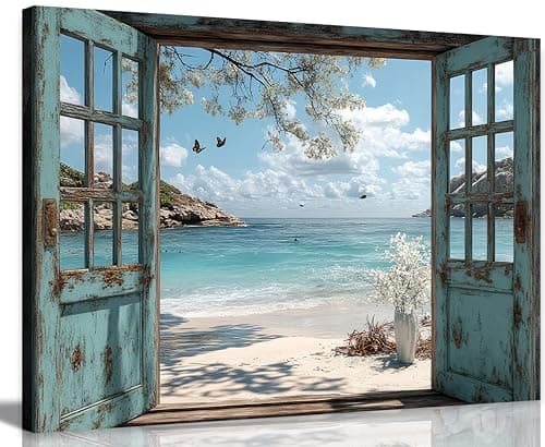 Window Beach canvas Wall Art Blue Coastal Ocean Windows Sea View Paintings Pictures Wall Decor Fake Window Frame Seascape Style Poster Printing Artwork for Living Room Bathroom Home Decoration