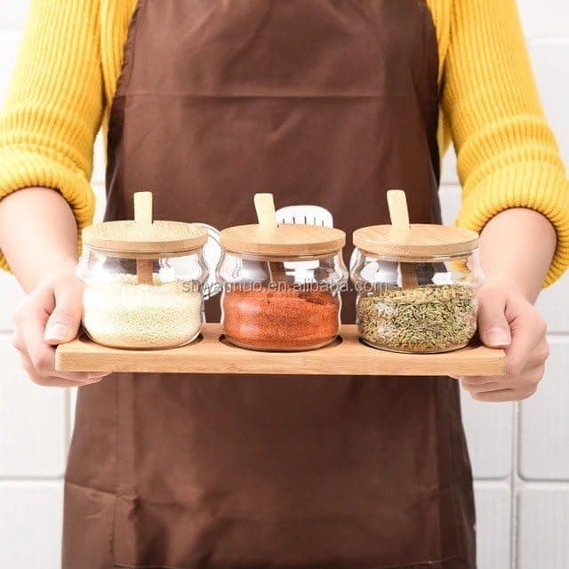Generic Glass Spice Jar Set with Wooden Spoons, 380ml Containers, Bamboo Lids, Wooden Display Tray, Set of 3 .mk Food storage container