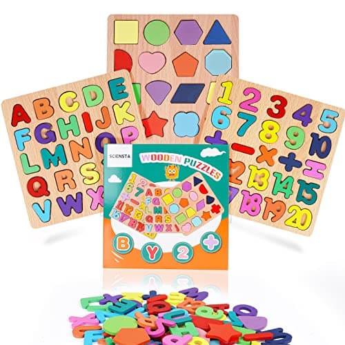 Pack of 3 Wooden Puzzles for Toddlers, Wooden Letter Number Shape Puzzle for 3 4 5 Year Old Children, Montessori Toy, Alphabet Puzzle, ABC Letter & Number Puzzles for Toddlers3 4 5 Years Old