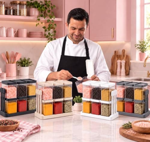 6-Piece Mini Acrylic Spice Jar Set with 3 Spoons and Kitchen Storage Rack