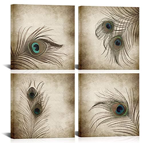 KLVOS 4 Panel Canvas Wall Art Vintage Style Peacock Feathers Picture with Wooden Frame Giclee Print Gallery Wrap Animal Artwork for Bathroom Living Room Modern Home Art Ready to Hang 12"x12"x4PCS