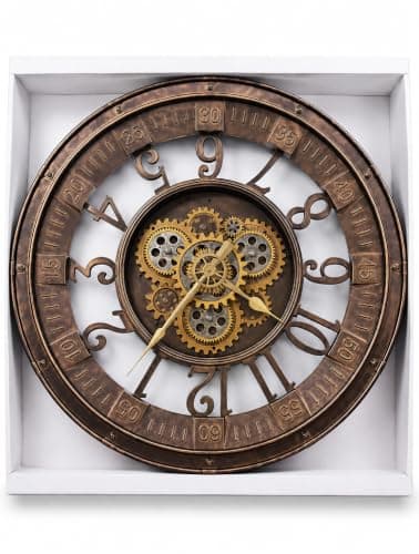 3D Mechanical Gear Wall Clock Bronze 45cm | Modern Design, Round Frame, Pointed Numbers, Gold Gears, Wall Decor