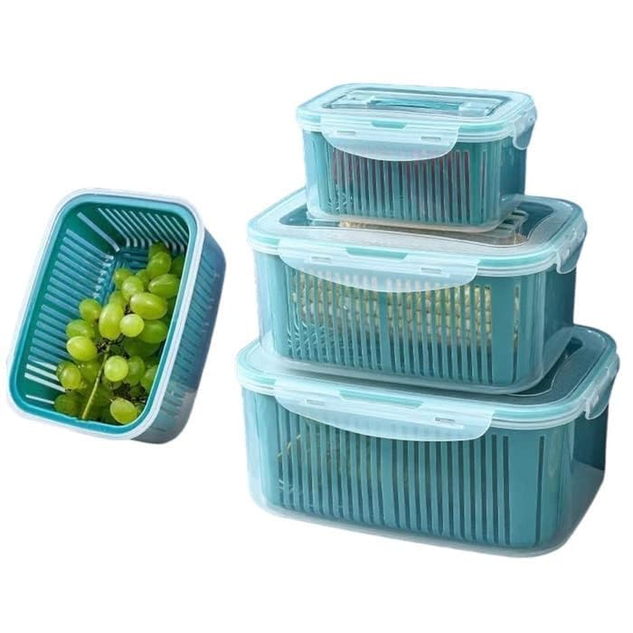 5 Piece Plastic Food Storage Containers Set with Airtight Clip Lids and Strainer Baskets Air Vents Vegetable Fruit Fridge Organizer Box Set Clear