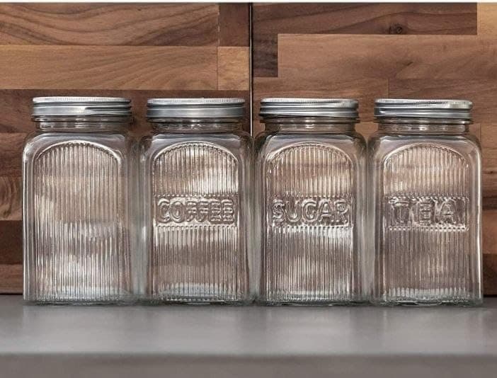 Generic Glass Canister Set for Coffee, Sugar and Tea, Clear with Silver Aluminium Lids, 4 Piece, .F Food storage container