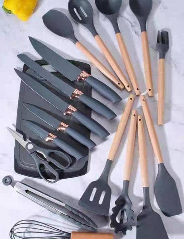 19 Piece Complete Chef Set Includes Stainless Steel Knives, Silicone & Wooden Utensils, Granite Blanche, Spatulas and Practical Holder for Daily Kitchen Organization
