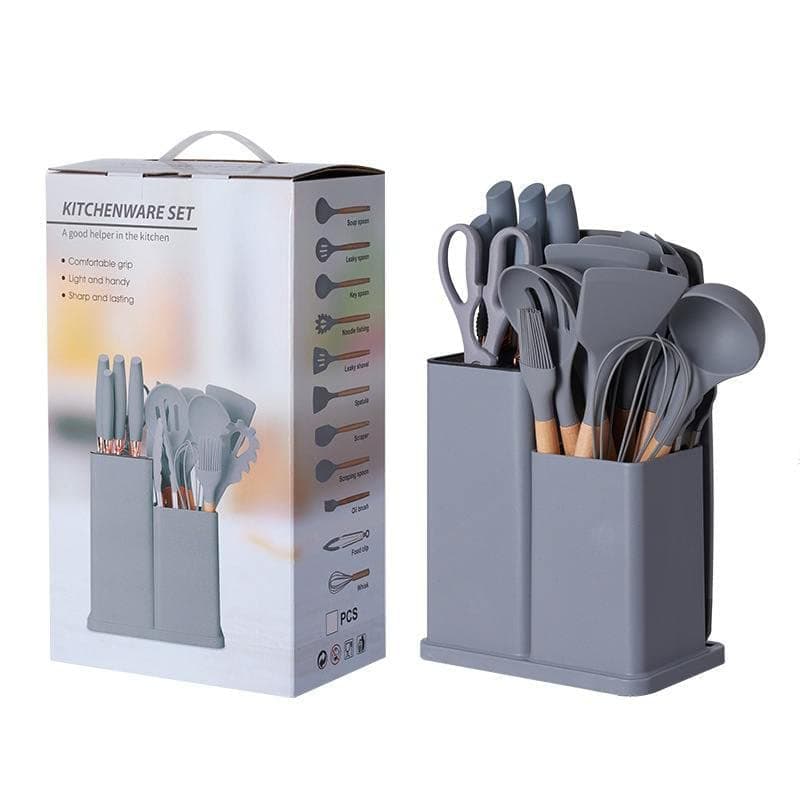 19 Piece Complete Chef Set Includes Stainless Steel Knives, Silicone & Wooden Utensils, Granite Blanche, Spatulas & Handy Holder for Easy Kitchen Organization and Daily Food Preparation