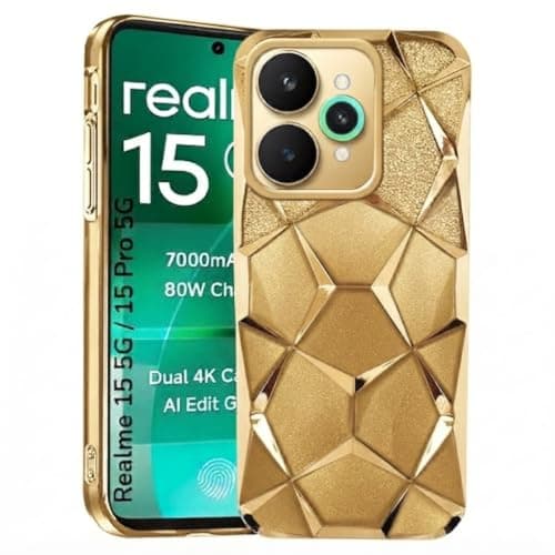 Case Gradient Glitter Luxury (Compatible with Realme 15 Pro) Electroplated 3D Cube, Diamond Bling Shiny Soft TPU Clear Shockproof Women Girls Protective Phone Cover (Gold)