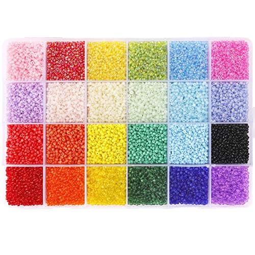 QUEFE 26400 Pieces 2mm Glass Seed Beads, 24-Color Small Kit, Bracelet Beads with 24-Grid Plastic Storage Box for Jewelry Making