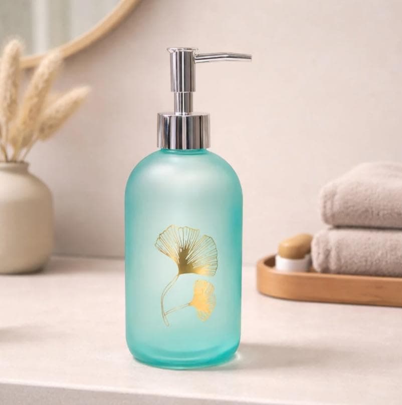 Generic Frosted Glass Soap Dispenser, Mint Green, with Gold Ginkgo Design, Silver Pump, 19.5 cm x 7.5 cm, .soh