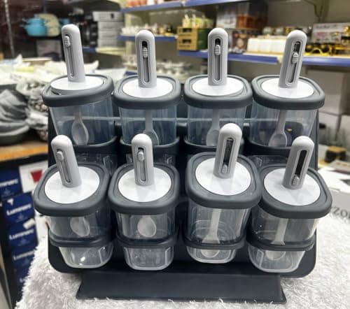 Square Food Storage Container Set, 8 Pieces with Spoons, Wall-Mountable Spice Organiser, Clear, BPA-Free