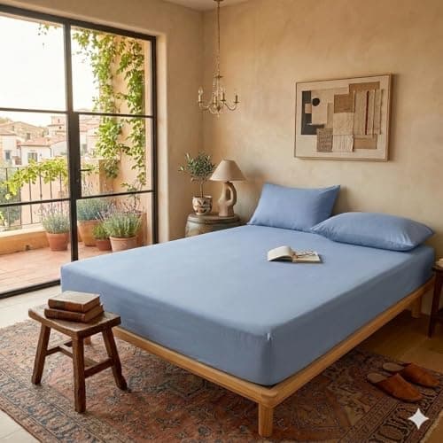 QBED Fitted Bed Sheet Set – Elastic Mattress Sheet with 2 Pillow Cases – Soft and Comfortable Fabric – Suitable for All Mattresses (Baby Blue, 200 * 200 * 30) Flat sheet