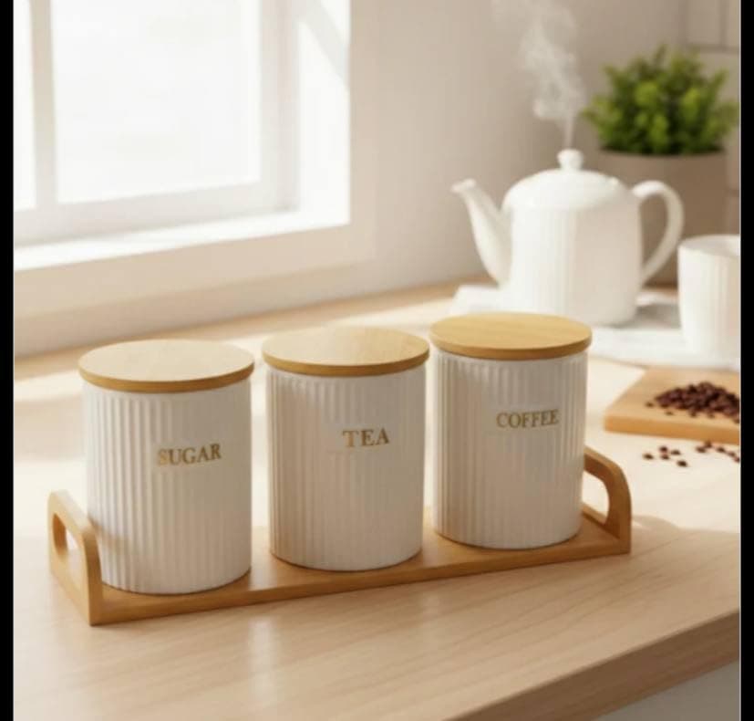 Generic Tea, Coffee and Sugar Canister Set with Lids, Airtight Seal, Wooden Tray, 550ml, 3 Piece, .hg