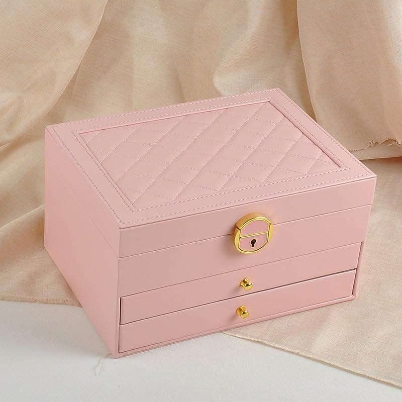 Jewelry organizer travel jewelry box Accessories Organizer 3-Layer Organizer with Lock, Multi-Compartment Storage Case for Earrings Rings Bracelets, Watch Holder for Women and Girls, X-559 (Pink)