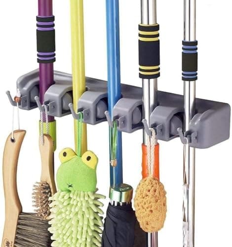 5-Slot Broom Holder Wall Mounted Mop Organizer Rack with Storage Hooks