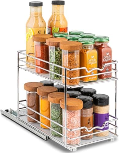 Sliding 2-Tier Metal Kitchen Spice Rack & Bathroom Cabinet Organizer