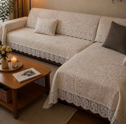 Generic 100% Cotton Living Room Cover Set, Features a Bohemian-style border, 10-piece 1 Large sofa cover, 1 Medium sofa cover, 2 Armchair covers, 6 Armrest/headrest covers, .sr Furniture cover