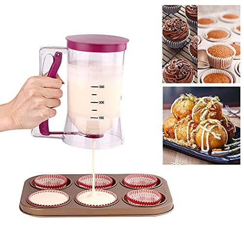 PERFETSELL Batter Separator Cupcakes 900mL Manual Pancake Batter Dispenser Mixer Baked Goods Bakeware Maker Cream Speratator Cup Kitchen Tool with Measuring Label for Muffin Mix Crepes Cake, Purple