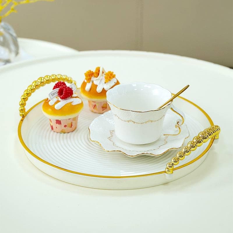 Generic Round Serving Tray Set with Gold Bead Handles, White, 3 Pieces, 35-30-27 cm, .soh