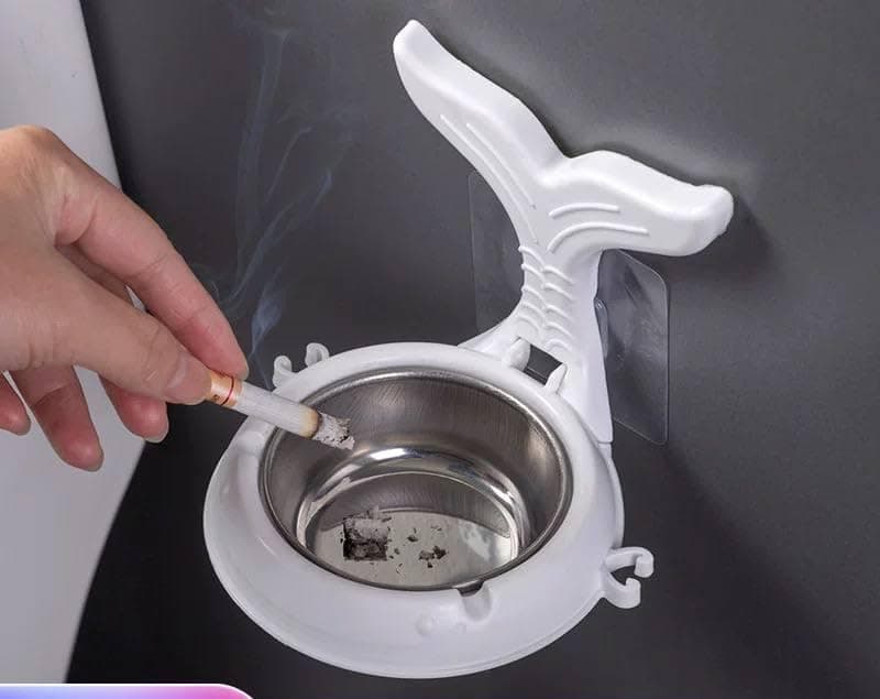 Generic Wall-Mounted Ashtray with Stainless Steel Bowl, Foldable Fish Tail Design, Double-Sided Adhesive, Plastic, .sa