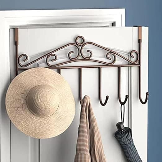 Over The Door Metal Hanger With 7 Hooks Durable Space Saving Organizer For Clothes Towels Bags Keys Easy To Install Door Hook Rack For Home Storage Without Drilling (Brown, 7 Hooks)
