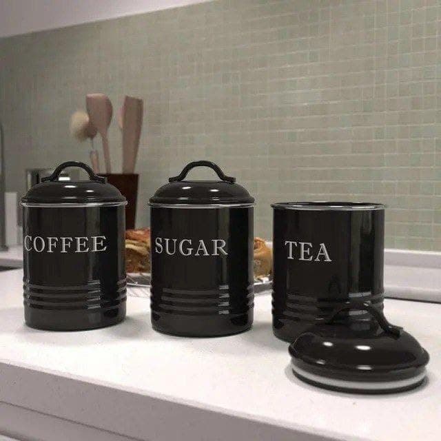 Generic Coffee Tea Sugar Kitchen Canister Set, Black Metal, 3 Piece, Airtight Seal, Rust-Resistant, 1 kg Capacity mk