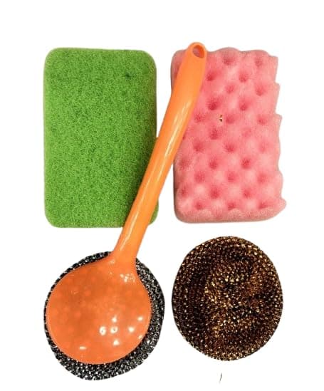 Kitchen Cleaning Set, 4 Pieces with Sponges, Scrubber and Dish Brush, Orange