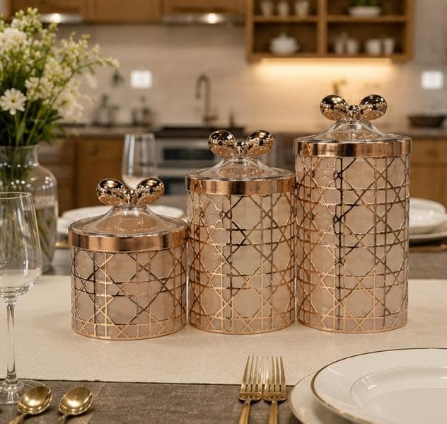 Generic Kitchen Canister Set, Gold, Plastic, 3 Different Sizes, for Tea, Sugar, Coffee, Legumes and Candy, 3 Piece, .P Food storage container
