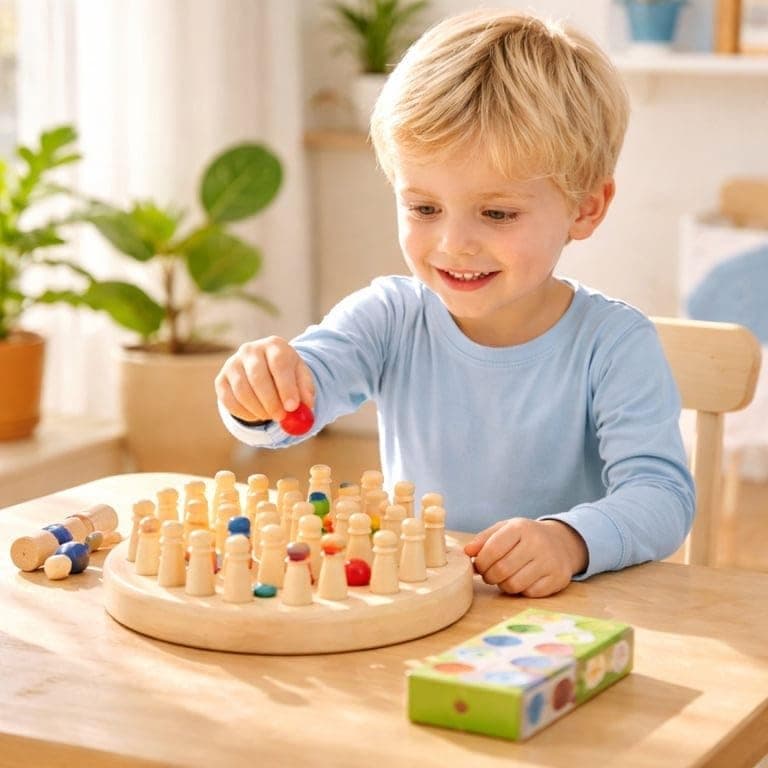 لعبة ذاكرة خشبية لمطابقة الألوان مع أوتاد ملونة ونرد، 24 قطعة | Natural Wood, Colour Dice Included, Strategy Game, 16x16x4 cm, 24 Pieces Set