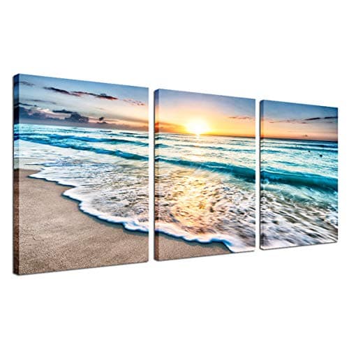 Beach Decor Framed Wall Art - 3 Panel Sea Wave Sunset Poster Canvas Print Home Office Decorations for Living Room Seascape Modern Artwork Ocean Painting Pictures for Bedroom Ready to Hang 12''x16''