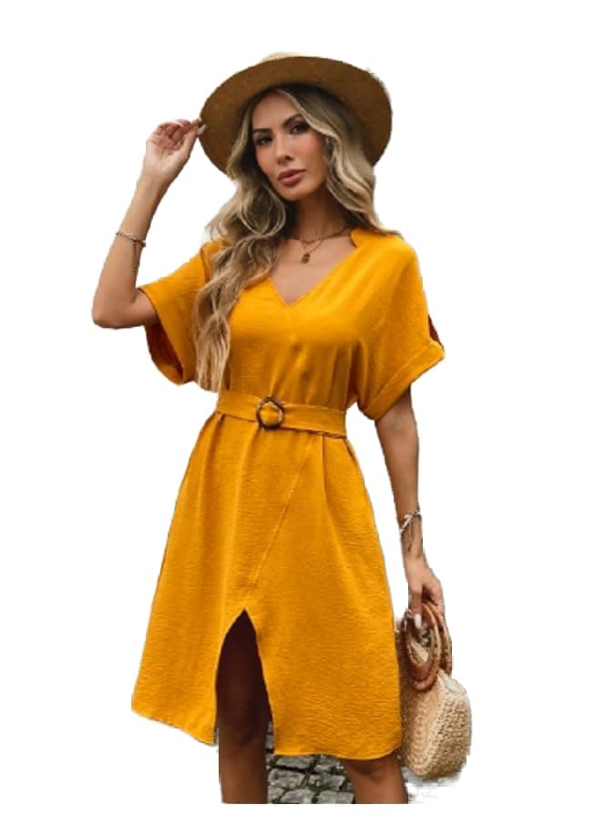 Women's Summer Solid V-Neck Batwing Short Sleeve Casual Mid-Length Dress One piece outfit