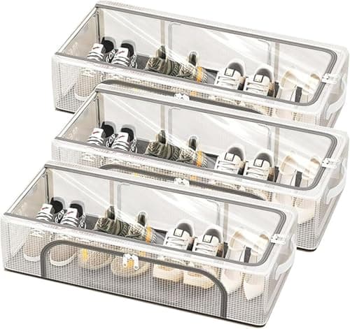 Foldable Shoe Storage Organizer Under Bed Container with Clear Top Cover and Sturdy Metal Supports Space Saving Shoe Box Case Grey 60x30x16 cm
