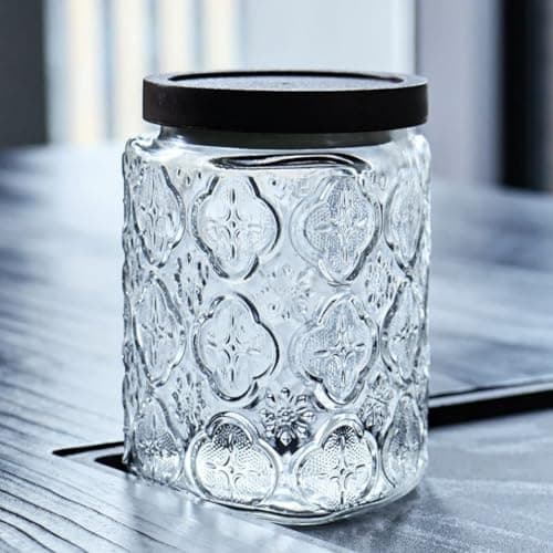 Generic Embossed Glass Candy Jar with Snap-On Lid, Clear, 750 ml, for Sweets, Nuts, Pickles, Tea, Sugar and Coffee, .db Food storage container