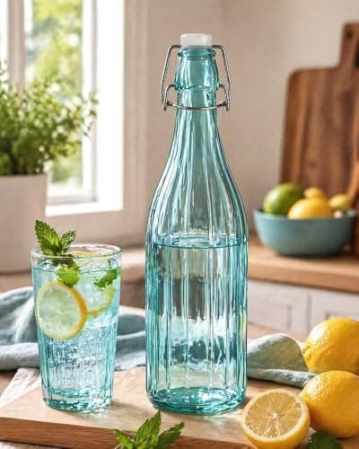 Generic Glass Water Bottle with Clip Top, Light Blue, 1000ml, Ribbed Style, .sew