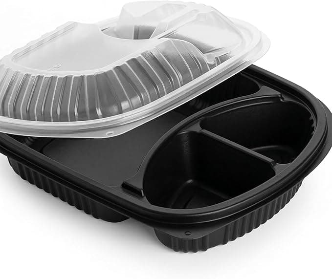 3 Compartment Plastic Meal Tray with Clear Dome Lid, Disposable Microwave-Safe Containers, Black, Pack of 25 Food storage container