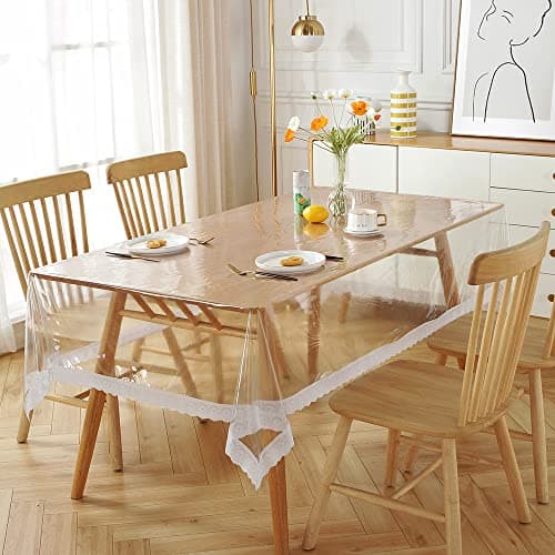 AOKQYA PVC Clear Plastic Tablecloth Protector, Vinyl Waterproof Tablecloth Cover Table-Top Transparent Table Clothes for Rectangle Tables/Wood Furniture (59x74inch, Lace Boho)