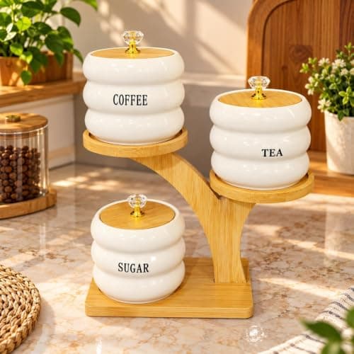 Generic Chic porcelain spice set with wooden stand,Includes 3 jars: sugar – tea – coffee Wooden stand, .ais