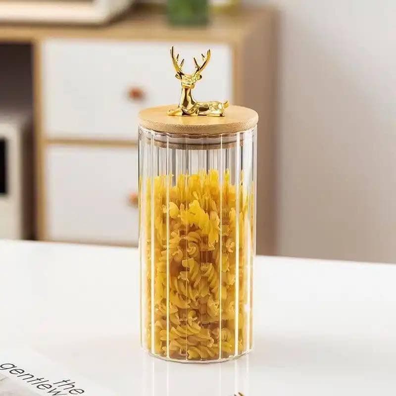 Generic Glass Candy and Spice Jar with Bamboo Lid, Gold Deer Design, Heat Resistant, 9x10 cm, .hg
