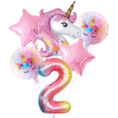 Pink Unicorn 2nd Birthday Decorations Set - Large, Pack of 6 I Rainbow Number 2 Foil Balloon I Star and Round Mylar Balloons I Unicorn Theme Girls Birthday Decorations I Unicorn Party Supplies Set
