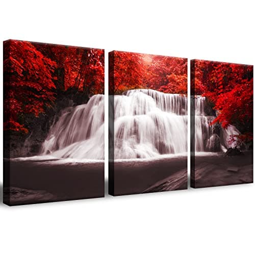 CERLMLAND Waterfall - Wall Art Painting Black White Red Landscape Canvas Wall Art 3 Pieces,Red Trees Forest Picture Prints for Home-office - canvas art wall art for living room 12x16inchx3pcs