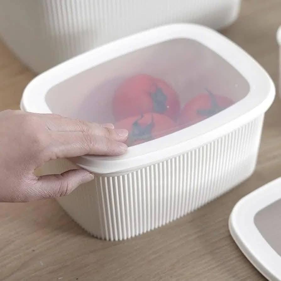 Generic Plastic Refrigerator Food Storage Container Set, Square with Transparent Silicone Lid, Ribbed Design, White, Set of 4, .sew