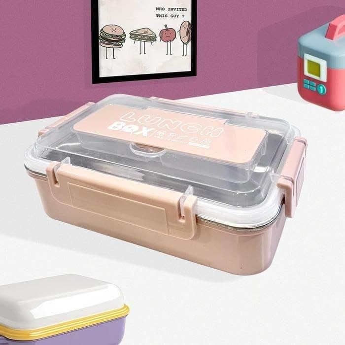 Generic Stainless Steel Lunch Box,3-compartment design for food variety,Clear acrylic lid,Plastic container, partitioned stainless steel tray,Includes plastic spoon,Available in three colors, .db Meal holder